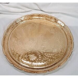 Jeannette Glass Peach Amber Plate 11" Floral Etched Scalloped Edge Serving‎ Dish